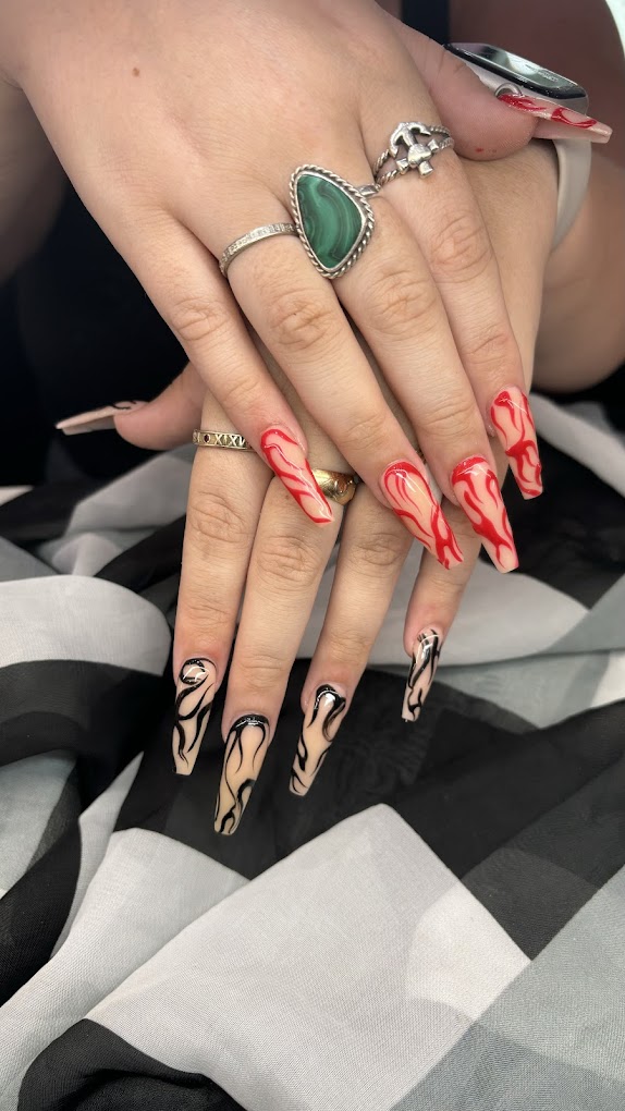 Vibrant coral, turquoise, and red summer nails at Bnails Cedar Park